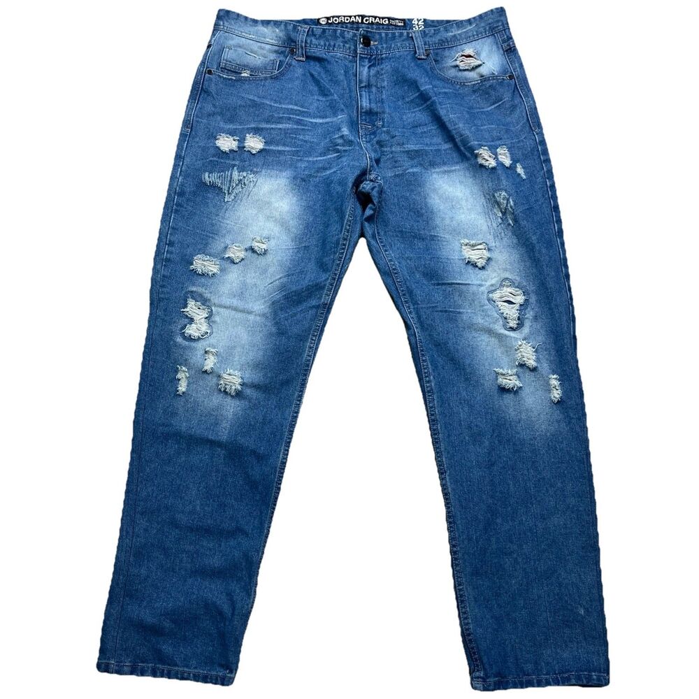 JORDAN CRAIG MENS‎ JEANS 42x 32 RN 79771 Streetwear DISTRESSED Blue Denim